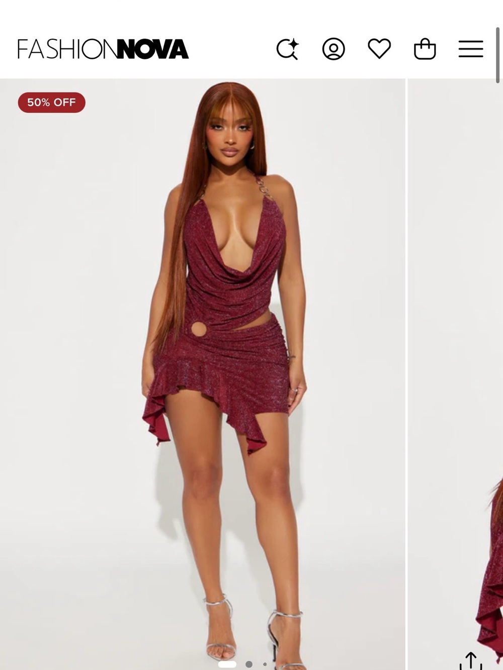 Fashion Nova Burgundy Sparkle Cowl Cutout Mini Dress